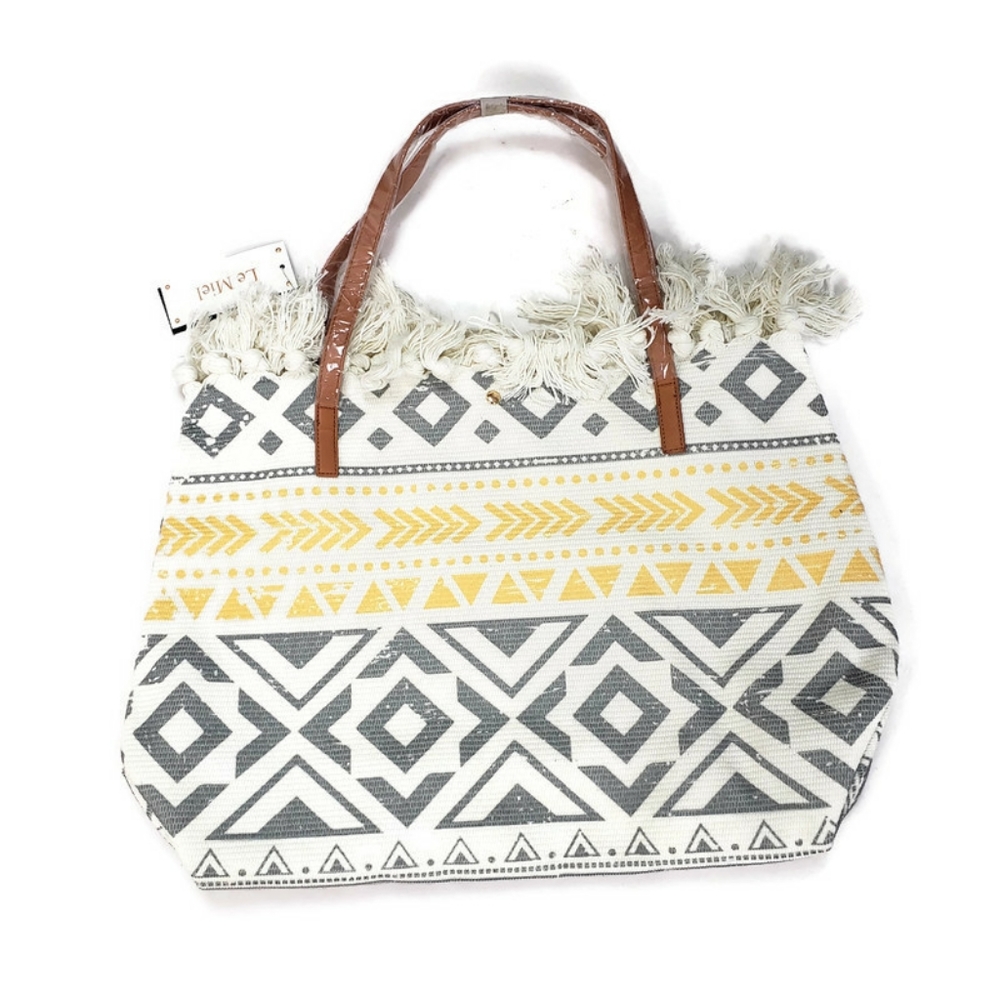 Le Miel | Boho Aztec Print Fringe Trim Tote Bag w/Tassels